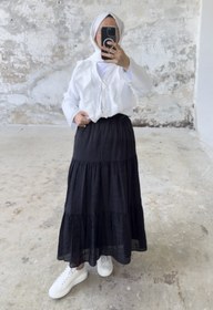 Resim Rahat Kesim Beli Lastikli Kat Kat Uzun Etek 5213 - Siyah - Siyah / L-XL 