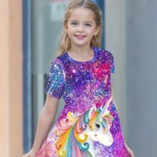Resim Kızlar Yıldızlı Unicorn Dijital Baskı Yuvarlak Yaka Kısa Kollu Parti Casual Elbise 