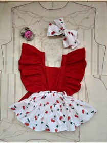 Resim MATALİ Kız Bebek Kiraz Desenli Kırmızı Salopet Bandana Set 