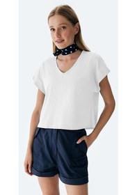 Resim Ltb Nomaka Kadın V Yaka Oversize Yıkamalı Kısa Kol T-shırt 12248001160016-11213 Beyaz 