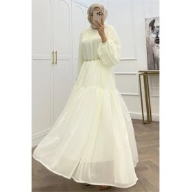 Resim Neşeli Butik Kadın Beyaz Balon Kol Astarlı Kuşak Detaylı Şifon Tesettür Elbise ---- NMS095 