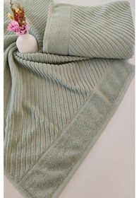 Resim Yumuşak %100 Pamuk El Havlusu 50x90 Cm - 2'li Geometrik Havlu Seti - Yeşil Yesıl Krem 