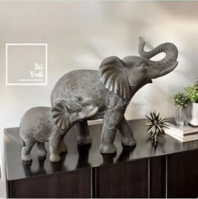 Resim Palo 77-1 Yavrulu Fil Heykeli Dekoratif Obje Anlamlı Hediyelik Eşya Ev Hediyesi Bereket Ofis Dekor Gri Füme 25 x 15 