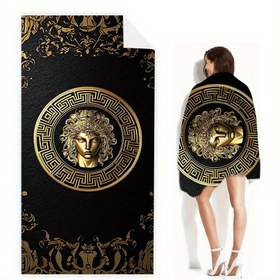 Resim 1 adet Lüks Yunan Medusa Plaj Havlusu - Ekstra Yumuşak, Hızlı Emici Polyester, Zarif Altın ve Siyah Tasarım, Süsli Kenar ve İnce Tasarım, Yaz Havuz Partileri, Plaj Maceraları ve Tatil Gezileri için Mükemmel, 74.93x149.86 cm, Plaj 