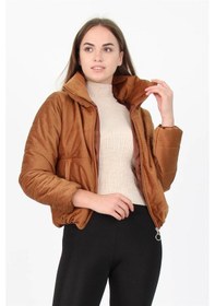 Resim Dip Moda Kadın Yüksek Yaka Cepli Kışlık Kadife Mont Dpm7154 Taba 