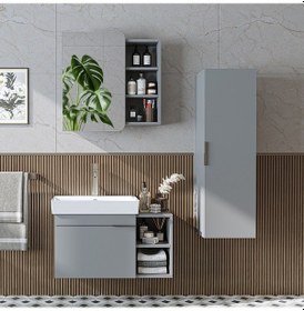 Resim Likya Kapaklı Açık Raflı Mdflam Lavabolu 82 Cm Banyo Alt Dolabı +banyo Üst Dolabı + Banyo Boy Dolabı Külgri Kül Gri 