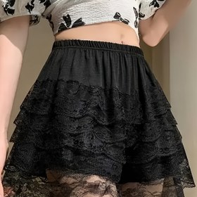 Resim 1 Adet Kadınlar İçin Şık Kontrast Dantel Kısa Şort - Balık Pulu Desenli, Orta Esneklikte Rahatlık, İlkbahar/Yaz/Sonbahar için Hafif, Çok Yönlü Günlük ve Ev Kıyafeti, Makinede Yıkanabilir, Moda Ev Giyimi, Konforlu Esnek Kumaş 