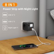 Resim 8’i 1 Arada EU Priz, 3 AC Çıkış & 2 USB Port ve 2 Type-C Port ile 3 Renkli Gece Işığı: Ayarlanabilir Sıcak Beyaz Işık, Soğuk Beyaz Işık ve 3 Aydınlatma Modu. Ev, Ofis, Seyahat ve Bilgisayar Kullanımı İçin Uygun 