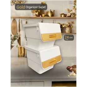 Resim Feyza Design Şık Gold Detaylı 2'li Tekerlekli Sebzelik, 24 Lt, Estetik ve Kullanışlı 