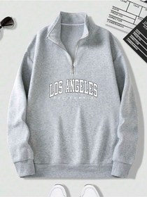 Resim Harmandar Gri Erkek Los Angeles Baskılı Dik Yaka Yarım Fermuarlı Kazak Sweatshirt Losangelesgridikyaka 