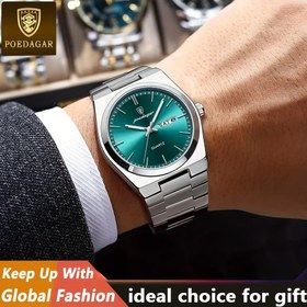 Resim POEDAGAR Erkekler için Paslanmaz Çelik Kuvars Saat, Işıltılı Yeşil ve Turkuaz Benzeri Renk, Şehir/Gün/24H Kronograf Analog Kol Saati - Onun İçin Mükemmel Hediye, İş & Gündelik Stil - Hazır Saat (-) 