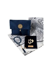 Resim Seccade + Tesbih + Yasin Hediye Seti Çanta Boy, Şantuk Kese, Lacivert 