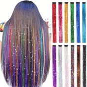 Resim YONGYI 12 adet Canlı Klipsli Tinsel Saç Uzatmaları, 50.8 cm - Partiler, Noel, Cadılar Bayramı & Cosplay için Mükemmel | Düz, İz Bırakmayan Renkli Saç Parçaları Kadınlar İçin 