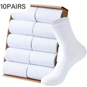 Resim 10 Çift Premium Erkek Orta Boy Çorap - İlkbahar, Yaz ve Sonbahar için Rahat Beyaz Günlük İş Spor Çorapları 