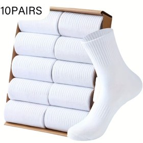 Resim 10 Çift Premium Erkek Orta Boy Çorap - İlkbahar, Yaz ve Sonbahar için Rahat Beyaz Günlük İş Spor Çorapları 