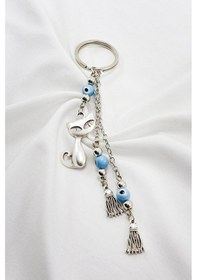 Resim Gümüş Renkli Püsküllü Mavi Nazar Boncuklu Kedili Anahtarlık, Salk 