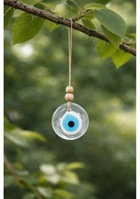 Resim 5 Cm Şeffaf Cam Nazar Boncuğu Ağaç, Araba Dikiz Aynası Ve Kapı Süsü İpli Doğal Ahşap Boncuklu Nazarlık 