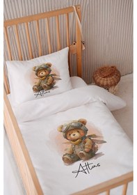 Resim %100 Pamuk Saten Isme Özel Isimli 100x150 Bebek Yatak Nevresim Seti Pilot Ayıcık 
