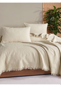 Resim Jakarlı Daire Yatak Örtüsü Seti Çift Kişilik Krem Kutulu Krem 