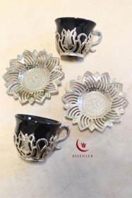 Resim 2 Li Gümüş Desenli Zemzem Takımı Ve Kahve Fincanı Seti Metal Tabağı Ve Fincan Altlığıyla Şık Sunum Siyah 