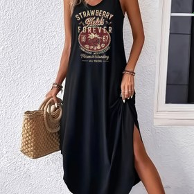 Resim Kadınlar için Siyah & Altın Vintage Grafik Baskılı Spagetti Askılı Maksi Elbise - Gevşek Kesim Yazlık Kolsuz Elbise Ayarlanabilir Bağcıklı Etek, Makinede Yıkanabilir Günlük Tatil Elbisesi, Trend Moda, Rahat Kumaş, Şık Kadınlar 