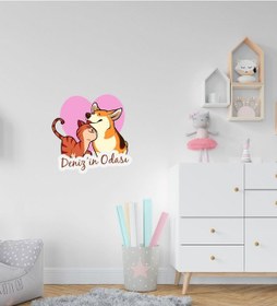 Resim Kişiye Özel Sevimli Kedi ve Köpek Tasarımlı Çocuk Odası Duvar Sti N11.17 