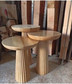 Resim Ahşap Sehpa 3 Lü Set Naturel Renk Masif Fiskos Sehpa Takımı Bej 