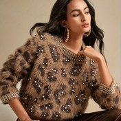 Resim Kadınlar İçin Şık ve Rahat Leopar Desenli Yuvarlak Yaka, Uzun Kollu, Elmas ve Balon Boncuk Detaylı Kabarık, Lüks ve Modaya Uygun Sonbahar ve Kışlık Kazak, Tatil, Buluşma, Parti ve Daha Fazlası İçin Uygun Kadın Giyim 