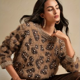 Resim Kadınlar İçin Şık ve Rahat Leopar Desenli Yuvarlak Yaka, Uzun Kollu, Elmas ve Balon Boncuk Detaylı Kabarık, Lüks ve Modaya Uygun Sonbahar ve Kışlık Kazak, Tatil, Buluşma, Parti ve Daha Fazlası İçin Uygun Kadın Giyim 