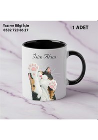 Resim Siyah Kedi Baskılı Kişiye Özel İsimli Hediyelik Kupa Bardak-kedi Sevenler İçin Özel Hediye Siyah 