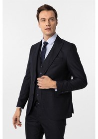 Resim Süvari Lacivert Slim Fit Desenli Sivri Yaka 6 Drop Yelekli Klasik Takım Elbise-35637 Lacivert 
