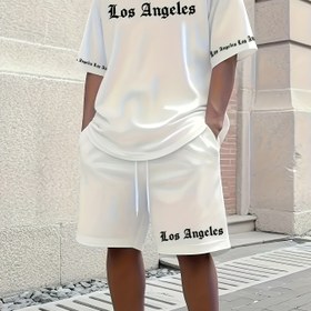 Resim Los Angeles Harf Desenli Erkek Kısa Kollu + Günlük Spor Giysi Seti, Nefes Alabilir Yumuşak Yazlık Takım Şort ve Cepli 