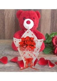 Resim Sevimli 35 Cm Peluş Ayı İle Premium Yumoş Kırmızı Peluş Ayıcık Buketi 