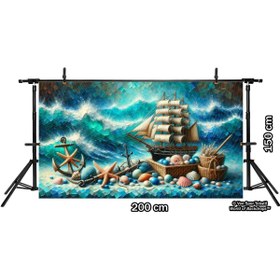 Resim Venspor Deniz Temalı Yelkenli ve Deniz Kabukları Arkaplan - 200x150cm Fon Duvar Örtüsü 