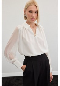 Resim Sateen Aksesuarlı Salaş Bluz - Ekru-136472 Ekru 