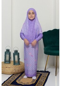 Resim Çocuk Namaz Takımı Pratik İki Parça Desenli Kollu Tak Çıkar Başörtülü Likralı Tesettür Elbise 6-12 Yaş 901-0102 Çok Renkli 