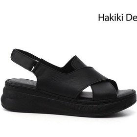 Resim Gönderi R Siyah Cırt Bantlı Dolgu Topuk Hakiki Deri Comfort Sandalet Siyah 