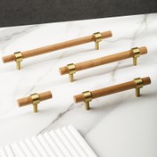 Resim 1 adet Kayın Ağacı+ Pirinç Malzeme Kolu, Modern Minimalist Dolap Mobilya Çekmece Kolu, Gardırop Kapı Kolu, Kayın Ağacı Kolu 