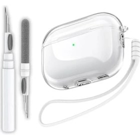 Resim Pro 2. Nesil Uyumlu Şeffaf Premium Kulaklık Kılıfı, Beyaz Silikon Kulaklık Ipi ve 3'ü 1 Arada Bluetooth Kulaklık Temizleme Kalemi Seti (Şeffaf - Beyaz) 