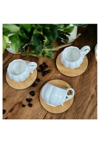 Resim 6 Kişilik Bambu Tabaklı Beyaz Porselen Kahve Fincan Takımı 
