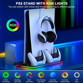 Resim PS5 & PS5 Slim Soğutma Standı RGB LED, Kontrol Cihazı Şarjı, Tutma Kolu, Disk Depolama Yuvası & Kulaklık Askısı - Dayanıklı ABS Malzeme 