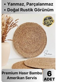 Resim 6'lı Premium Yuvarlak Hasır Bambu Amerikan Servis Örme Supla Sofra Yemek Masası Yanmaz Tabak Altlığı 