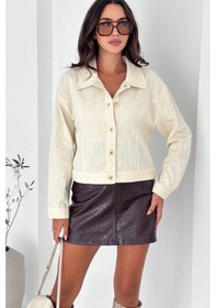 Resim Gabardin Kısa Düğmeli Parlak Ceket Bej 