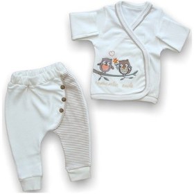 Resim Romantik Çift Baykuş Nakışlı %100 Cotton 5li Zıbın Takımı Hastane Çıkışı Çok Renkli 