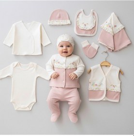 Resim Milays 0-3 Ay Kız Bebek %100 Organik Pamuk Çiçek Nakışlı 10 Lu Hastane Çıkış Zıbın Seti Pudra 