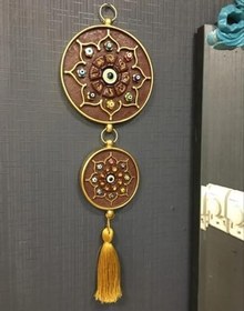 Resim Dekoratif Nazarlık Duvar Süsü, 2'li Set, Altın-Kahverengi, 15x43 cm, Cam Boncuklu, Püsküllü 