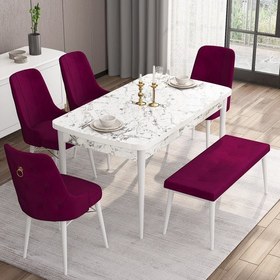 Resim Canisa Concept Are Serisi 80 x 132 cm Açılabilir Benchli Mdf Beyaz Mermer Desen Mutfak Masa Takımı 4 Sandalye 1 Bench 