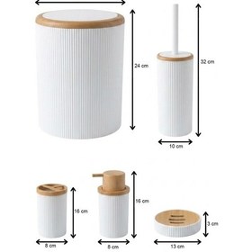 Resim Makri Home Beyaz Bambu Desenli 5 Parça Banyo Seti Çöp Kovası, Wc Fırçalık, Sıvı Sabunluk, Diş Fırçalık,sabunluk 