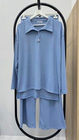 Resim Kadın Büyük Beden Gömlek Yaka Düğmeli Kaşkorse Kumaş Eşofman Takımı 8232-26 - 4XL / Gri 