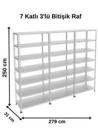 Resim 7 Katlı 3'lü Bitişik Galvaniz Çelik Raf - Depo, Arşiv, Kiler, Dosya, Market Rafı 31x93x250 Cm Gri 